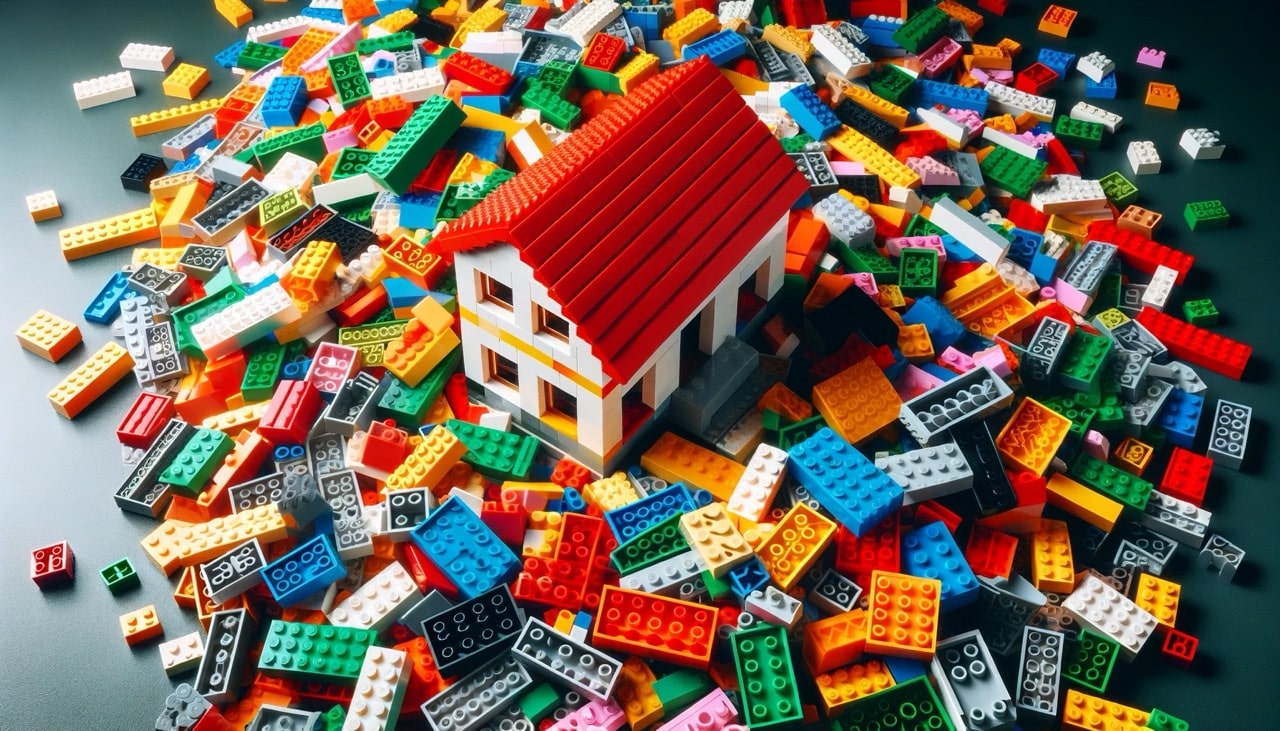 A pile of colorful Lego bricks with some of the bricks being assembled into an unfinished house. The house should be partially built, showing an incom Large.