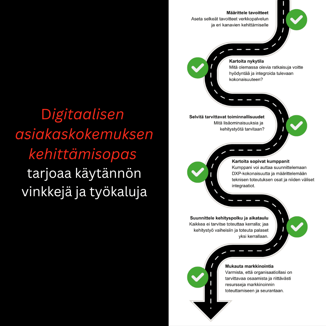 Digitaalisen asiakaskokemuksen kehittämisopas tarjoaa käytännön vinkkejä ja työkaluja -teksti. Oikeasa reunassa polku miten lähteä liikkeelle DXP:n kehittämisessä.