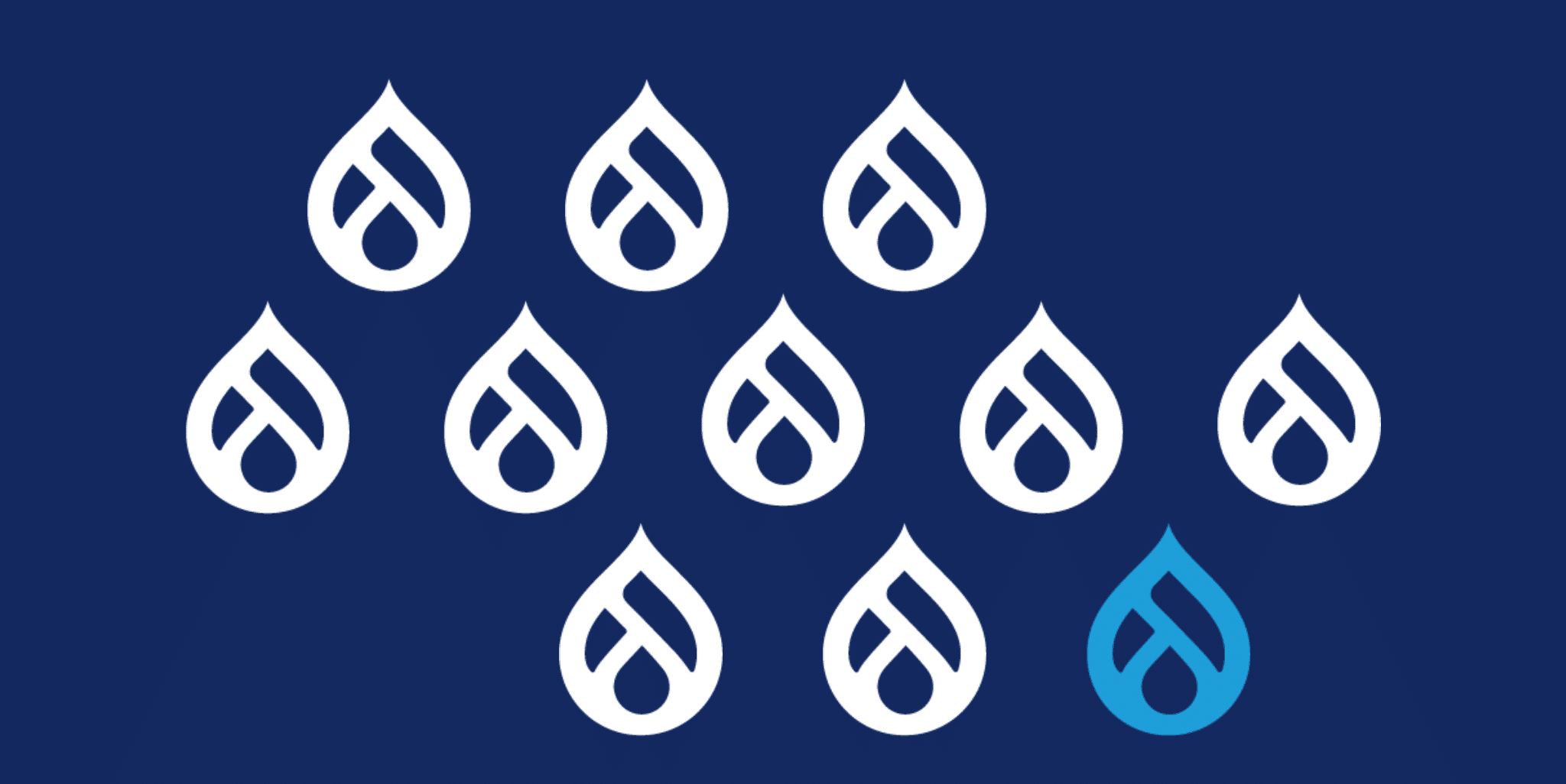 10 valkoista ja yksi sininen Drupal-pisara tummansinisellä taustalla.