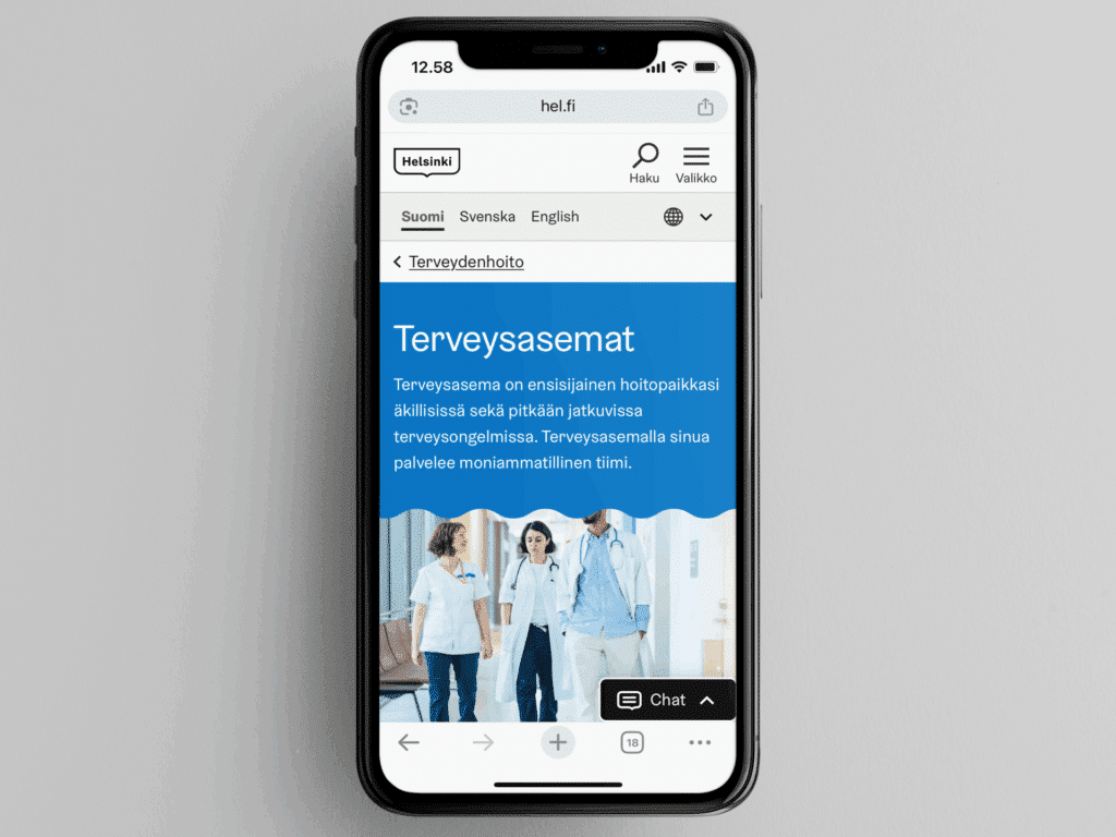mobiilinäkymä hel.fi-sivuston terveysasemat-sivulle.