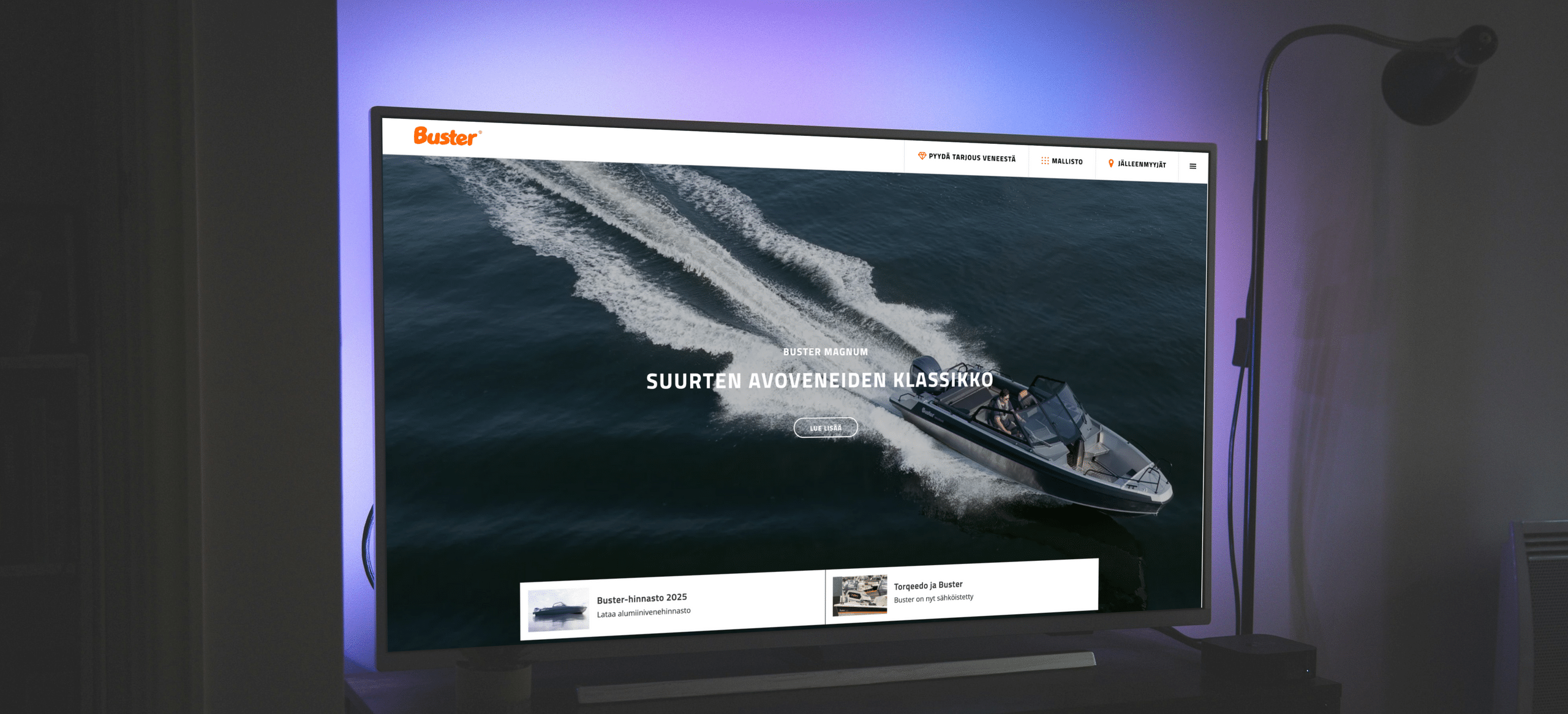 Buster boats webpage on big screen