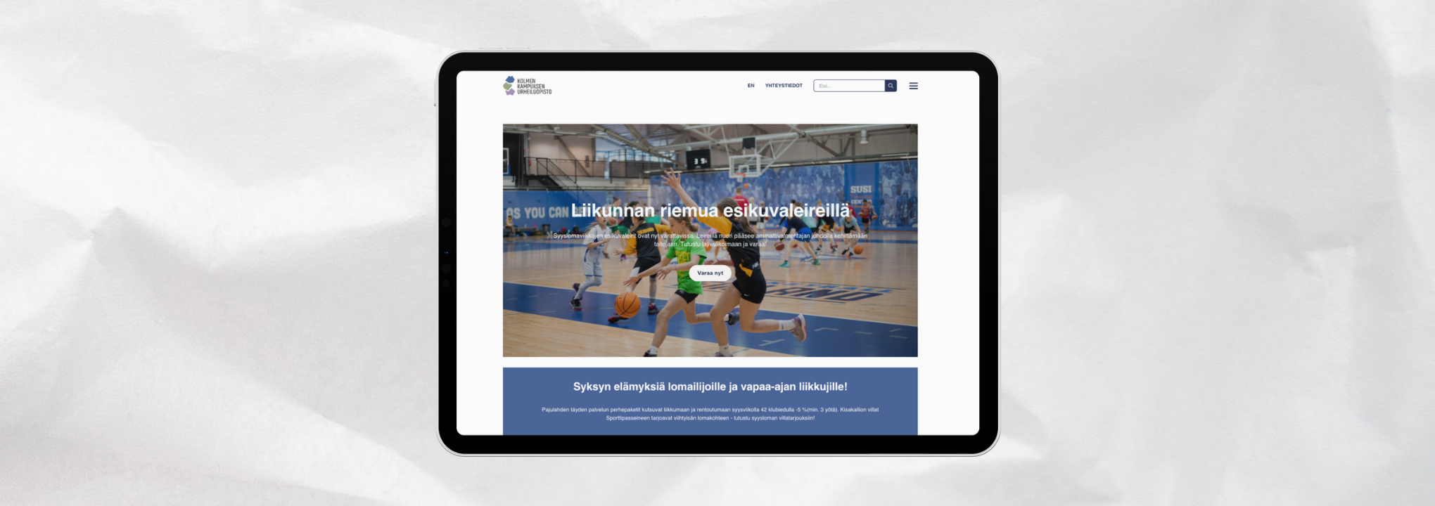 kolmekampusta.fi-sivuston etusivu tablettinäkymässä